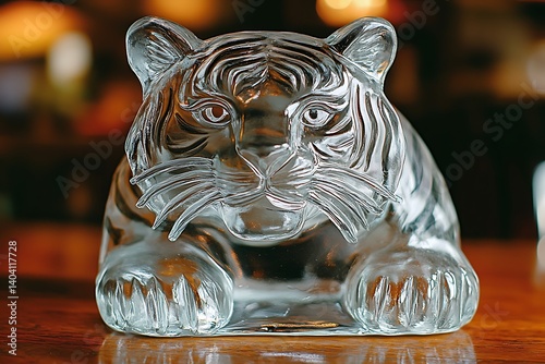 Glass Tiger Sculpture on Wooden Bar