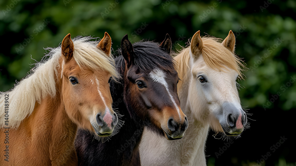 Fototapeta premium Three Ponies Close-up Portrait Against Green Forest Background