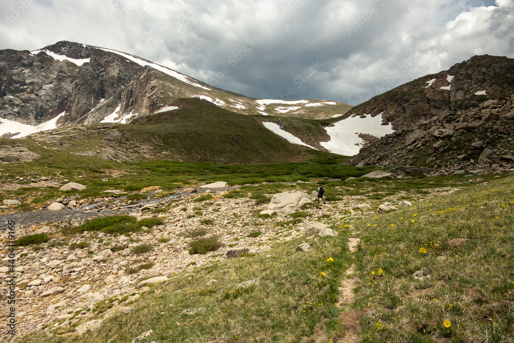 Hiker Crosses Rocky Creek Bed Near The Saddle In Rocky Mountain
