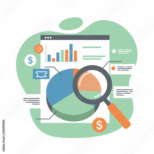 Business analytics with a pie chart and magnifying glass on background  