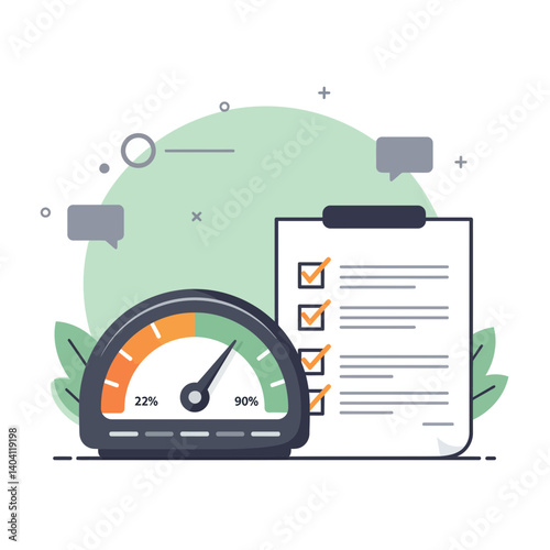 Business Metrics Speedometer and Checklist on Abstract Background  