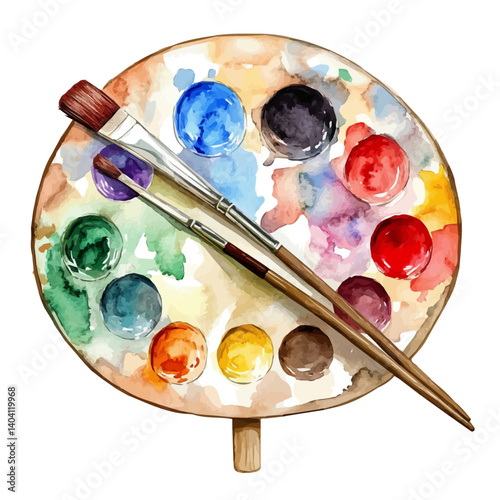 Artistas Palette With Mixing Colors, vector watercolor illustration, isolated on a white background.