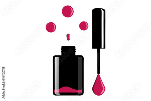 Sleek nail polish bottle with open brush and vibrant drops nearby