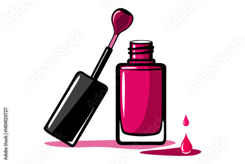 Vector of nail polish bottle with drops and brush in vibrant color