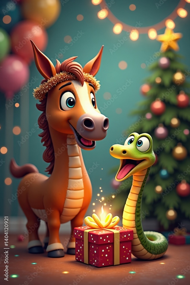 A charming horse wearing a festive New Year’s garland stands next to a playful snake wrapped around a sparkling gift box, both excited about the celebration A charming horse wearing a festive New Year’s garland stands next to a playful snake wrapped around a sparkling gift box, both excited about the celebration