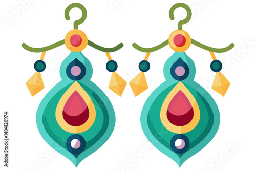 Illustration of dangling earrings with gemstones and complex design
