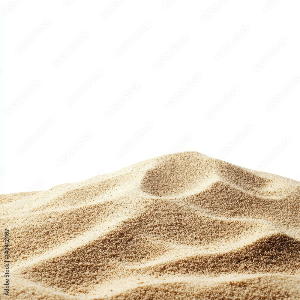 A striking pile of dry desert sand, showcasing its fine grains and golden hue against a white backdrop. A striking pile of dry desert sand, showcasing its fine grains and golden hue against a white backdrop.