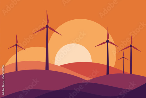 Wind turbines on a distant hill at sunset in simple vector art