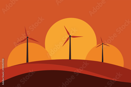 Vector of multiple wind turbines on a hill during sunset
