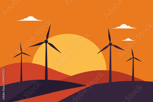 Distant view of wind turbines on a hill at sunset vector illustration