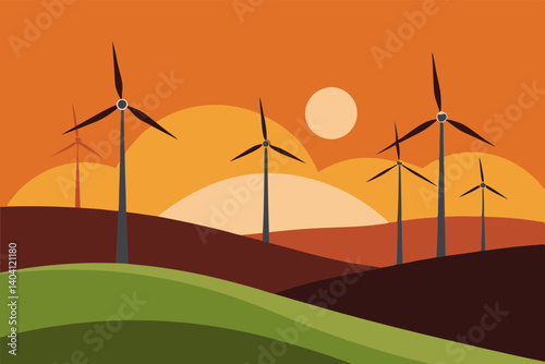 Silhouetted wind turbines with sunset backdrop in clean vector design