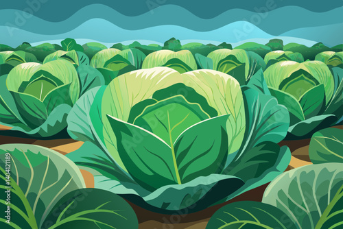 Vector of vibrant cabbage patch with orderly rows of leaves
