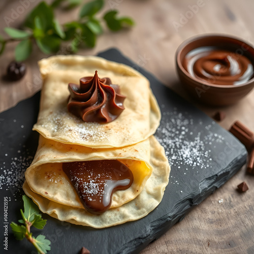 thin crepes or blinis with chocolate cream on slate board