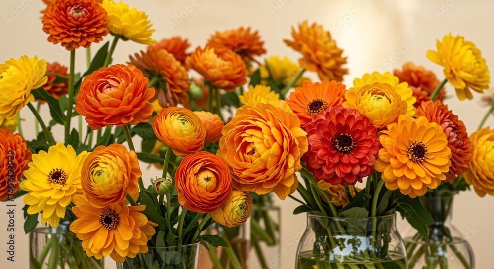 Vibrant bouquet of orange, yellow, and red flowers showcasing detailed petals and lively colors, arranged beautifully in clear glass vases Vibrant bouquet of orange, yellow, and red flowers showcasing detailed petals and lively colors, arranged beautifully in clear glass vases