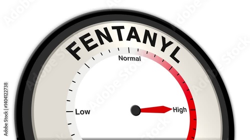 Fentanyl text or word shown with a barometer or tachometer-style gauge, representing varying levels of opioid potency and the severity of its effects on pain relief and potential overdose risk