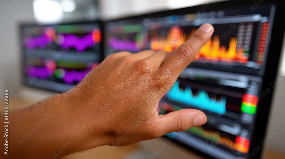 A traders hand grips the mouse, diving into realtime data on multiple screens filled with vibrant stock charts and graphs. A traders hand grips the mouse, diving into realtime data on multiple screens filled with vibrant stock charts and graphs.