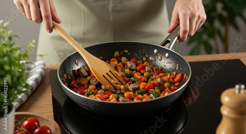 Person stirring colorful vegetables with a wooden spatula in a frying pan, conveying a sense of warmth and creativity in a modern kitchen setting