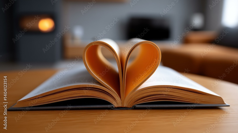 Heartshaped book pages create a warm symbol of love, perfectly set against a cozy living room backdrop. Heartshaped book pages create a warm symbol of love, perfectly set against a cozy living room backdrop.
