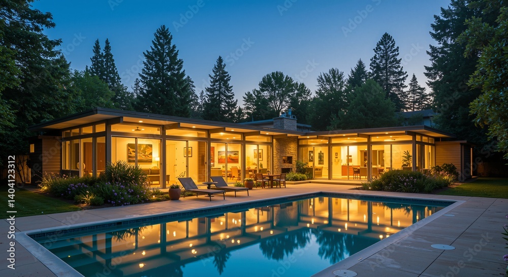Fototapeta premium Modern architectural home illuminated at twilight with a beautiful pool reflecting the ambiance, surrounded by lush greenery and tall trees