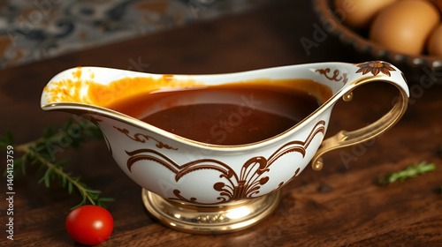 Sauce boat or sauciere filled with a rich brown gravy