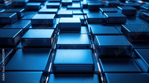 Abstract blue metallic blocks arranged in a grid pattern, creating a futuristic tech aesthetic