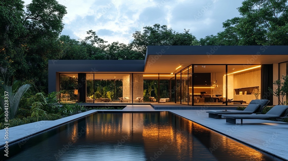 Fototapeta premium A modern, dark-toned home with a stunning pool area, nestled within a lush tropical landscape.