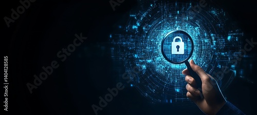 A Blue Cybersecurity Banner Showing a Padlock Under Magnifier Representing Encryption and Online Data Protection