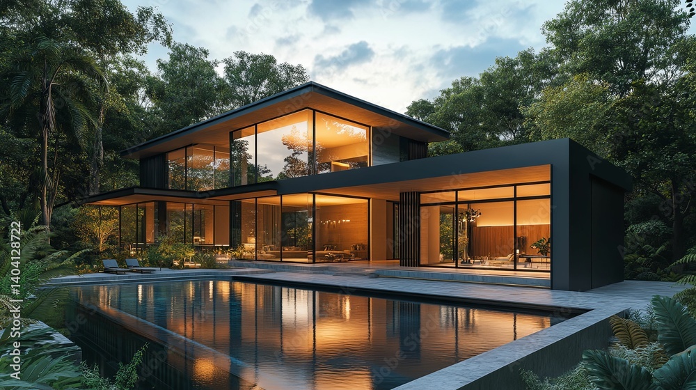 Modern luxury home with a swimming pool nestled amidst lush tropical greenery. Modern luxury home with a swimming pool nestled amidst lush tropical greenery.