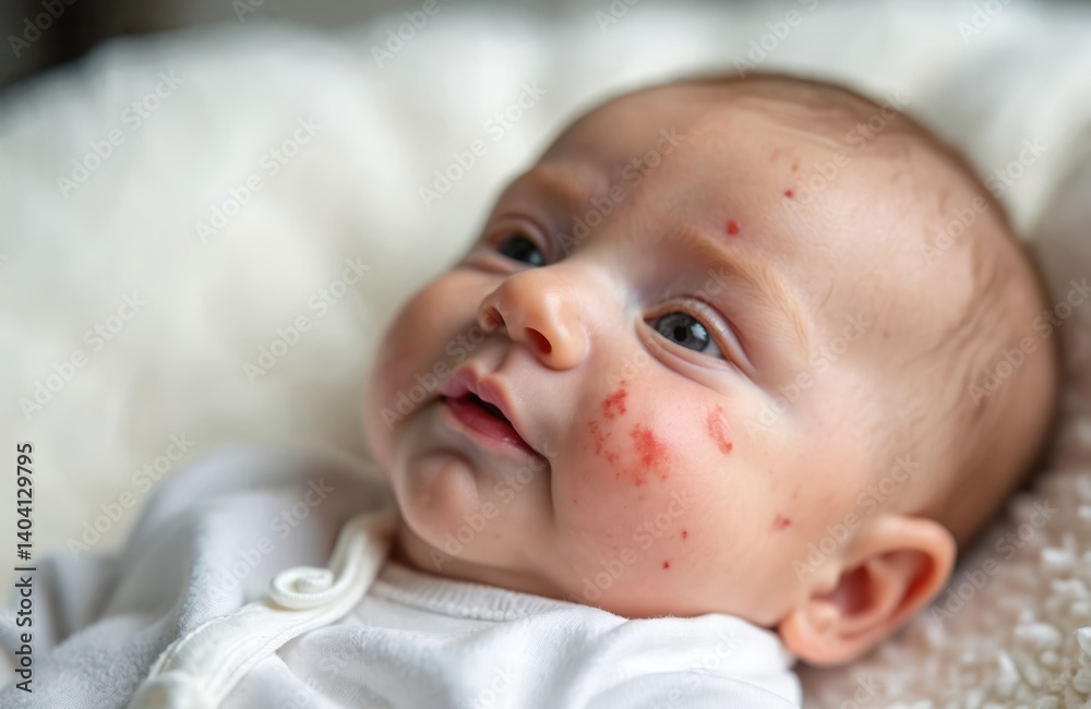 Close-up portrait newborn baby face skin issues. Red spots, inflammations on the cheeks. Medical dermatology concept, baby health. Skin rash, allergy, acne, irritation. Baby care. Close-up portrait newborn baby face skin issues. Red spots, inflammations on the cheeks. Medical dermatology concept, baby health. Skin rash, allergy, acne, irritation. Baby care.