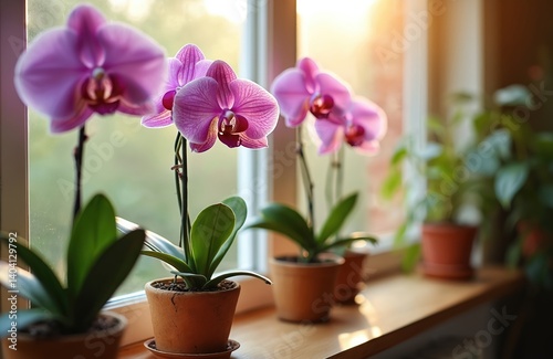 Wallpaper Mural Indoor view of blooming lilac phalaenopsis orchid flowers in pot. Potted orchids at window with sunlight, create calming atmosphere. Home decor, plants for wellness and design concepts. Torontodigital.ca