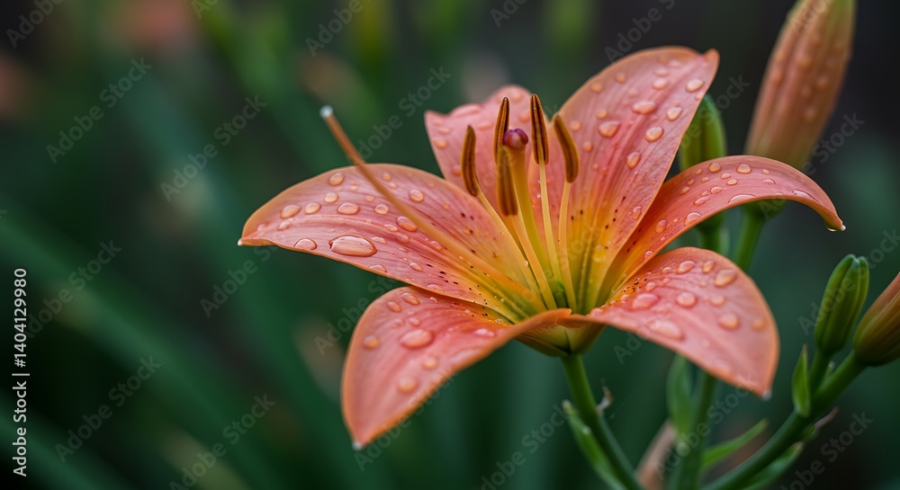 Fototapeta premium Lily Flower with Water Droplets Close Up on Green Background
