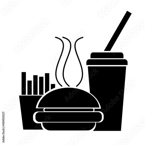 Icono de comida rápida. Silueta de papas fritas, hamburguesa y gaseosa.
