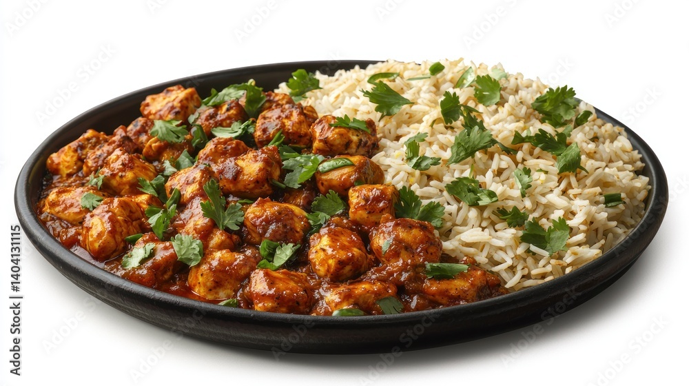 A plate of spicy chicken chettinad with fragrant rice, garnished with cilantro A plate of spicy chicken chettinad with fragrant rice, garnished with cilantro