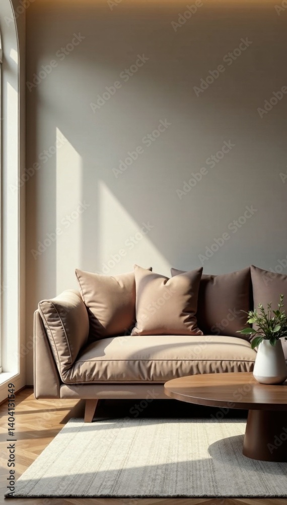 Sleek sofa, low table, neutral walls, natural light, texture, furniture, beige Sleek sofa, low table, neutral walls, natural light, texture, furniture, beige