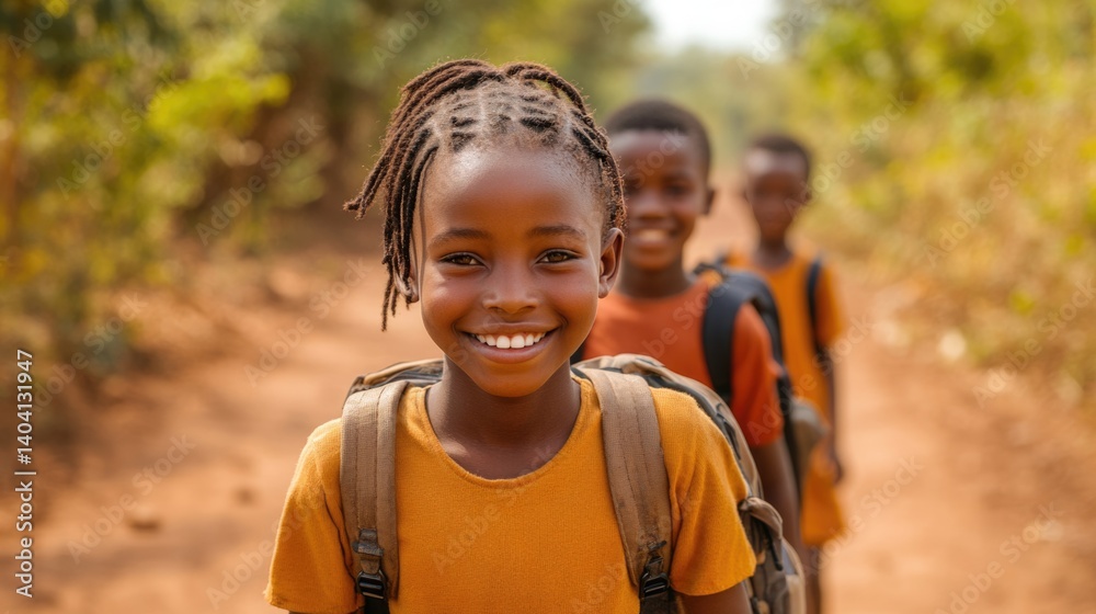 equality education volunteer service concept picture of poor African students walking along dirt path to school at Africa