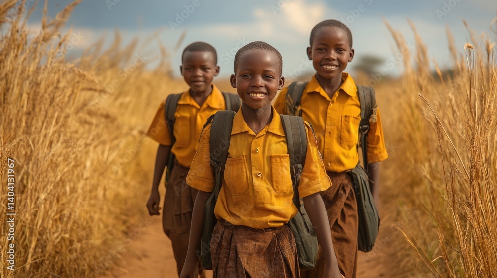 equality education volunteer service concept picture of poor African students walking along dirt path to school at Africa