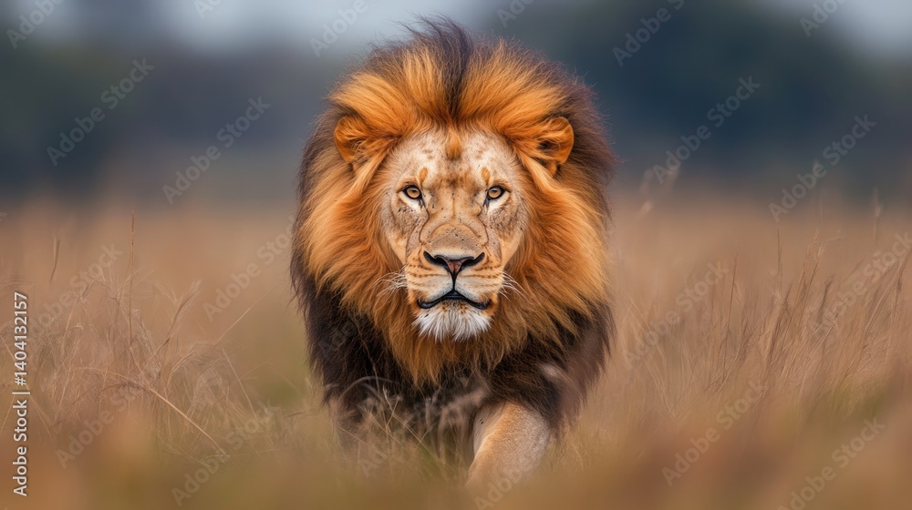 Majestic lion walking towards camera in savanna grassland Majestic lion walking towards camera in savanna grassland