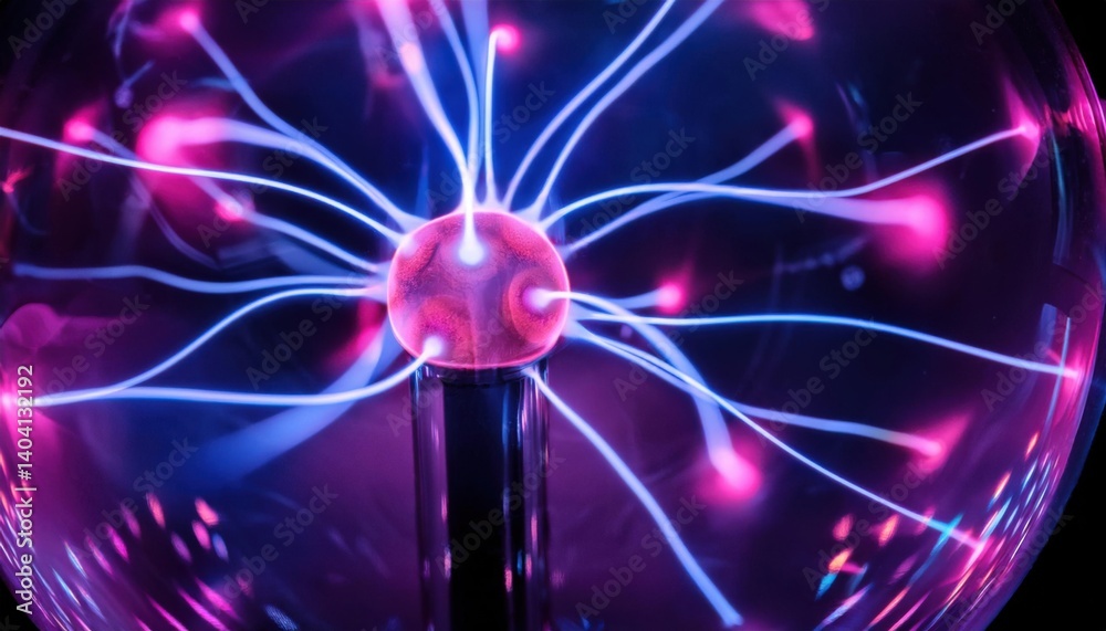 A glowing plasma ball with electric arcs extending from the center to the glass sphere A glowing plasma ball with electric arcs extending from the center to the glass sphere
