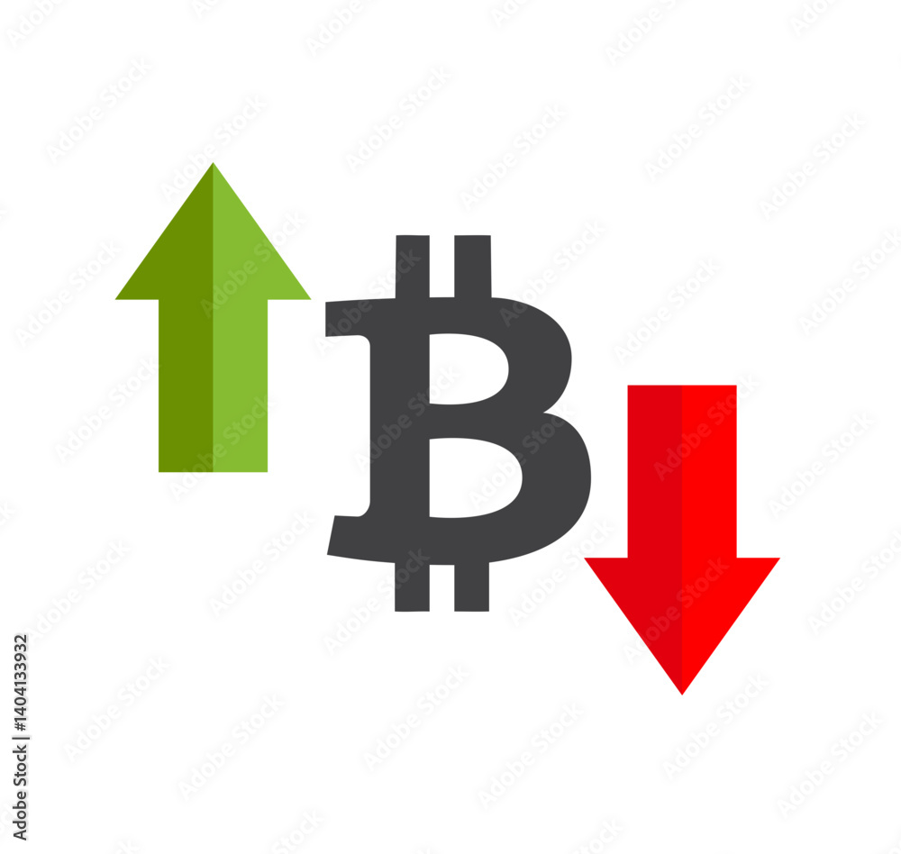 Bitcoin sign with green and red arrows representing rising and falling price of Bitcoin on the market. Vector illustration. Bitcoin sign with green and red arrows representing rising and falling price of Bitcoin on the market. Vector illustration.