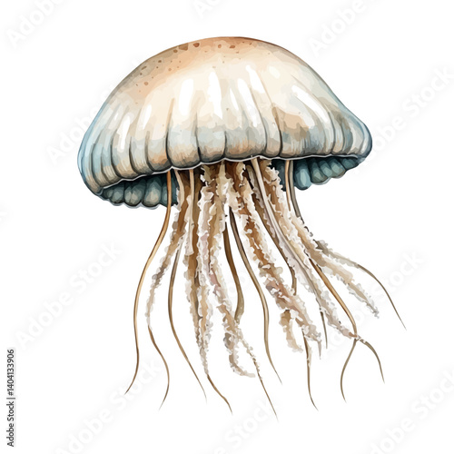 Ancient Sea With Giant Jellyfish Floating, watercolor vector, isolated on a white background.
