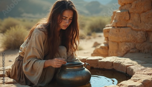 Sad woman at well, desert background. Artwork about faith, spirituality, bible, religion. Person at water source, ancient times, biblical scene. Expressing emotions, religious theme. photo