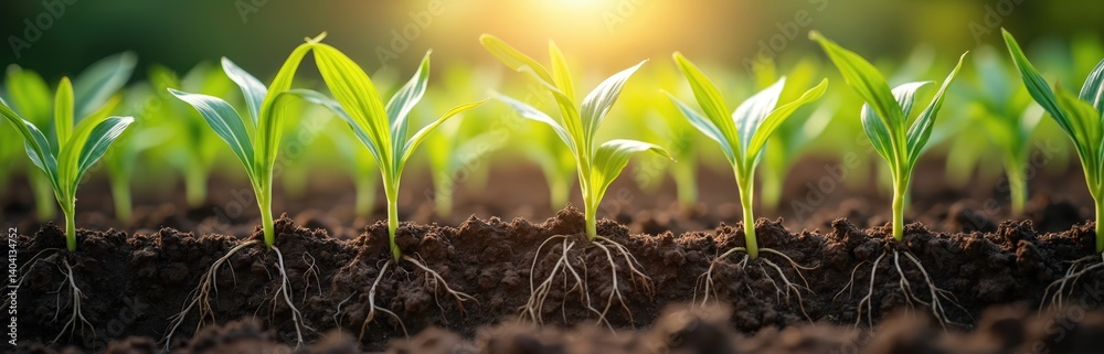 Young corn plants with roots grow from soil. Sun rays light fresh green sprouts in farmland. Agriculture, gardening concept, new life, growth and ecology. Food production, harvest.