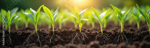 Obraz na płótnie Young corn plants with roots grow from soil. Sun rays light fresh green sprouts in farmland. Agriculture, gardening concept, new life, growth and ecology. Food production, harvest. w salonie