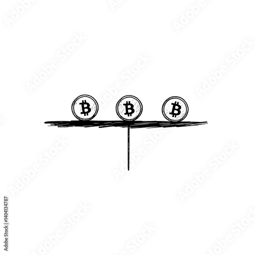 Bitcoin coins balancing on seesaw in sketch style on white background
