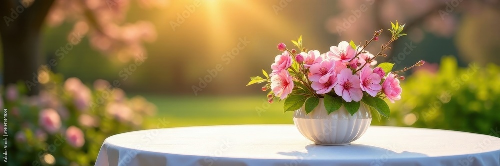 White tablecloth, blooming branches centerpiece; blurred sunny garden , focus, white White tablecloth, blooming branches centerpiece; blurred sunny garden , focus, white