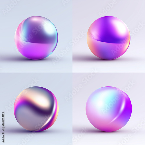 Four holographic spheres showing iridescent colors on white background