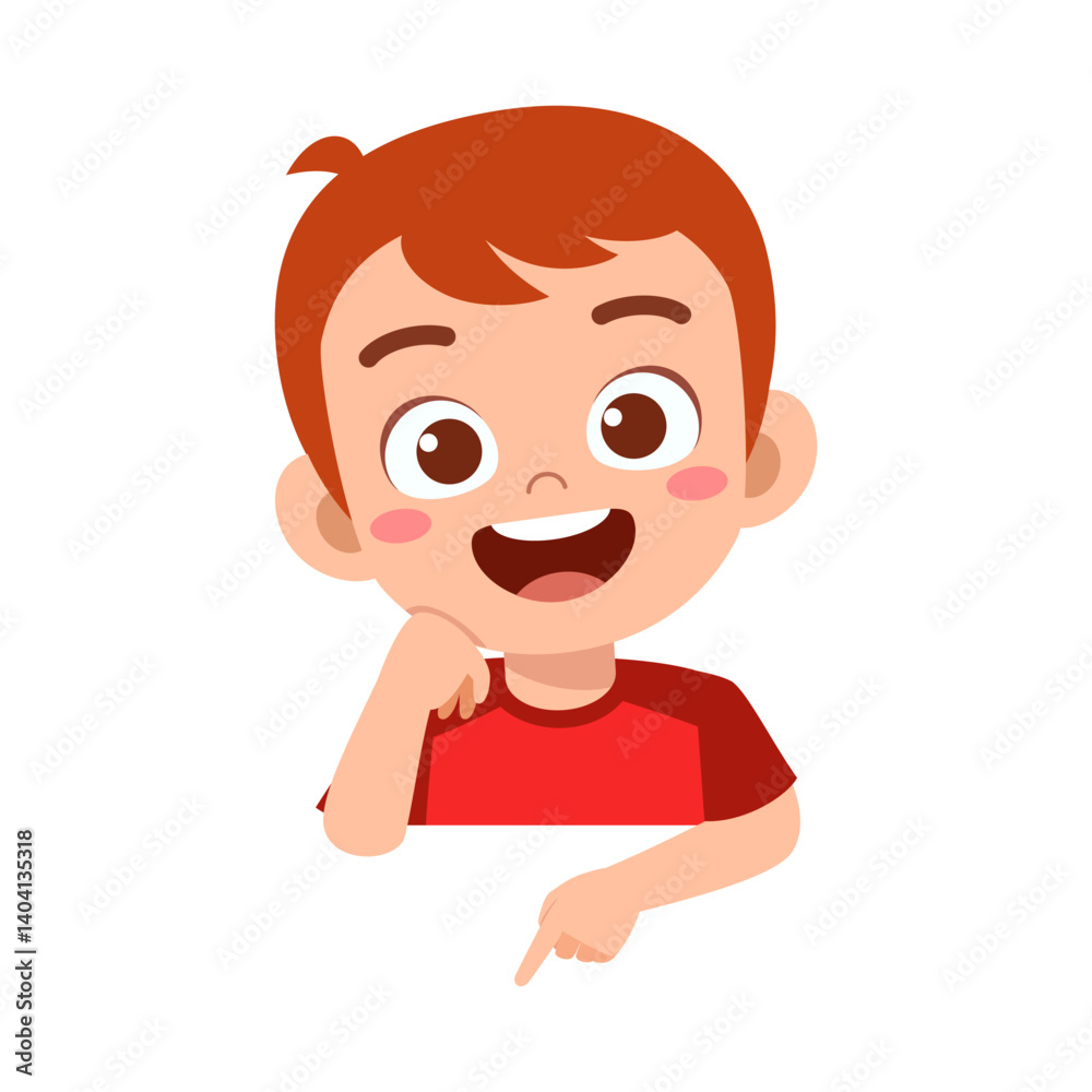 Happy Boy Pointing Downward with a Smile, Wearing Red Shirt, Cheerful Expression, Illustration Happy Boy Pointing Downward with a Smile, Wearing Red Shirt, Cheerful Expression, Illustration