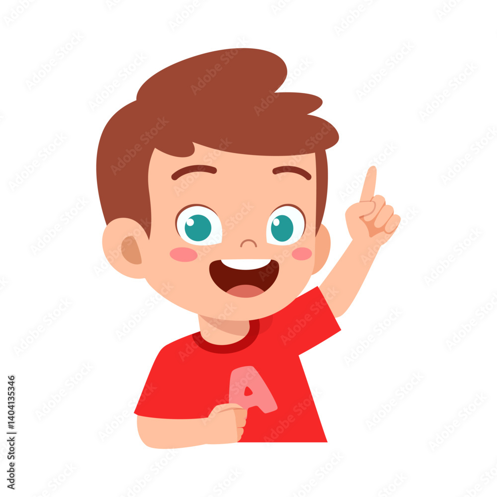 Happy Cartoon Boy Pointing Upward with a Smile, Wearing a Red Shirt with Letter A Happy Cartoon Boy Pointing Upward with a Smile, Wearing a Red Shirt with Letter A