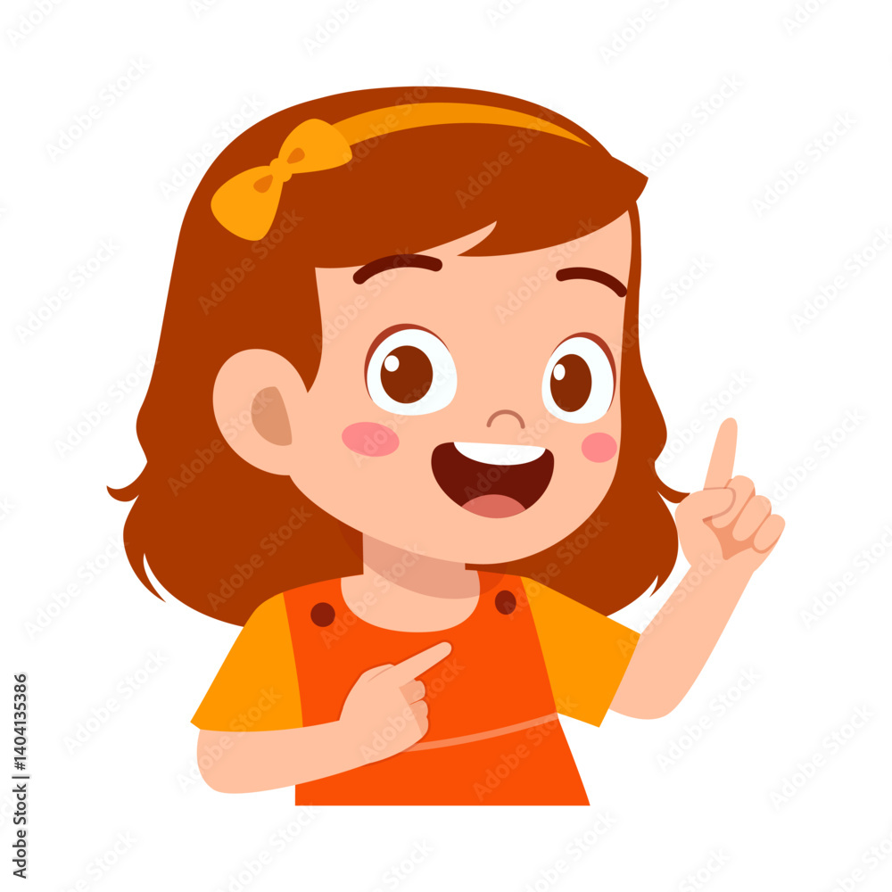 Cute Little Girl Pointing Upward with Smiling Expression in Cartoon Illustration Style Cute Little Girl Pointing Upward with Smiling Expression in Cartoon Illustration Style