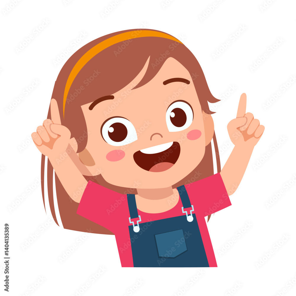 Happy Cute Little Kid Girl Pointing Finger Up and Smiling Isolated on White Background Happy Cute Little Kid Girl Pointing Finger Up and Smiling Isolated on White Background